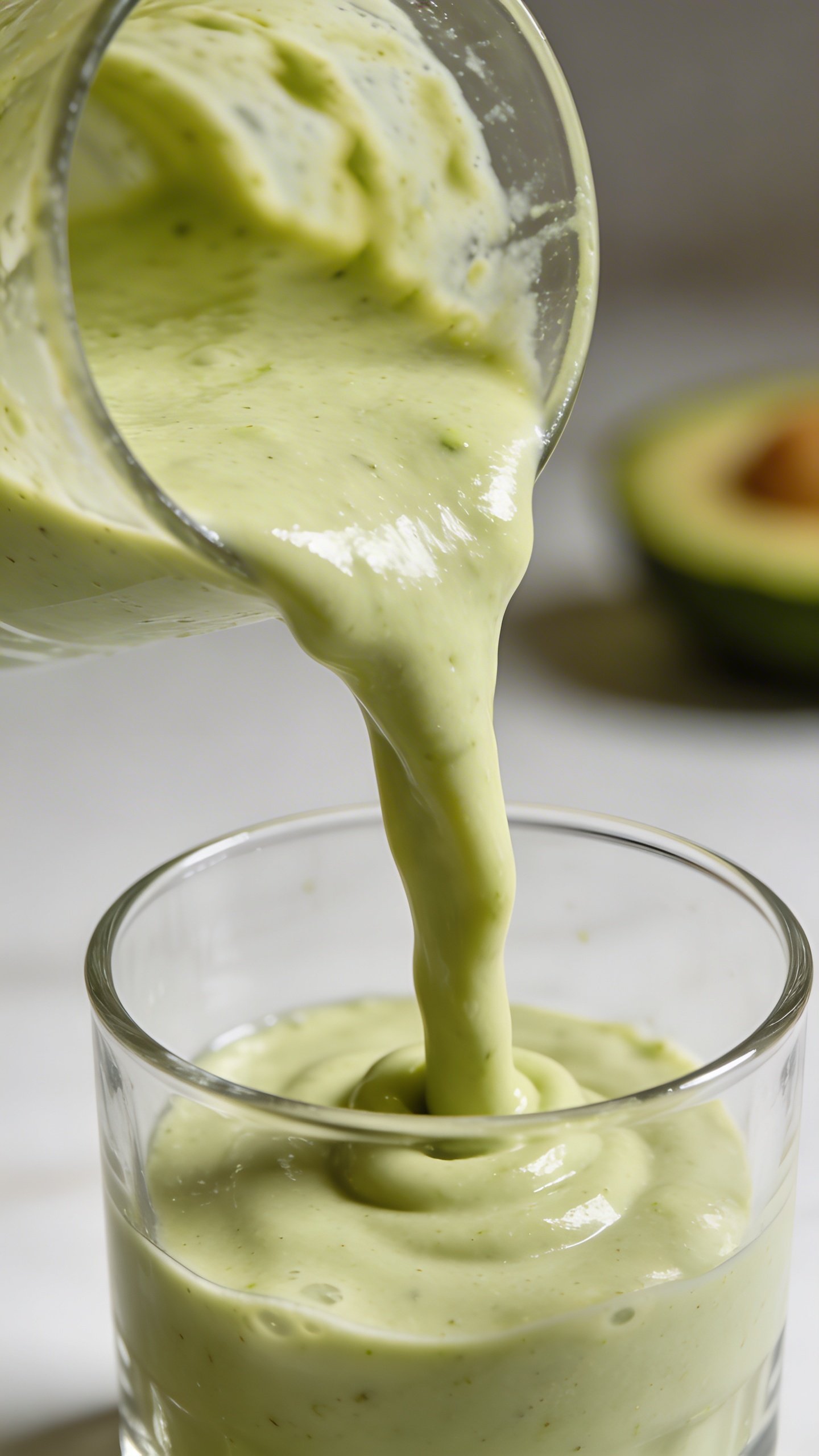 Macro pour of creamy avocado smoothie into glass, no garnish