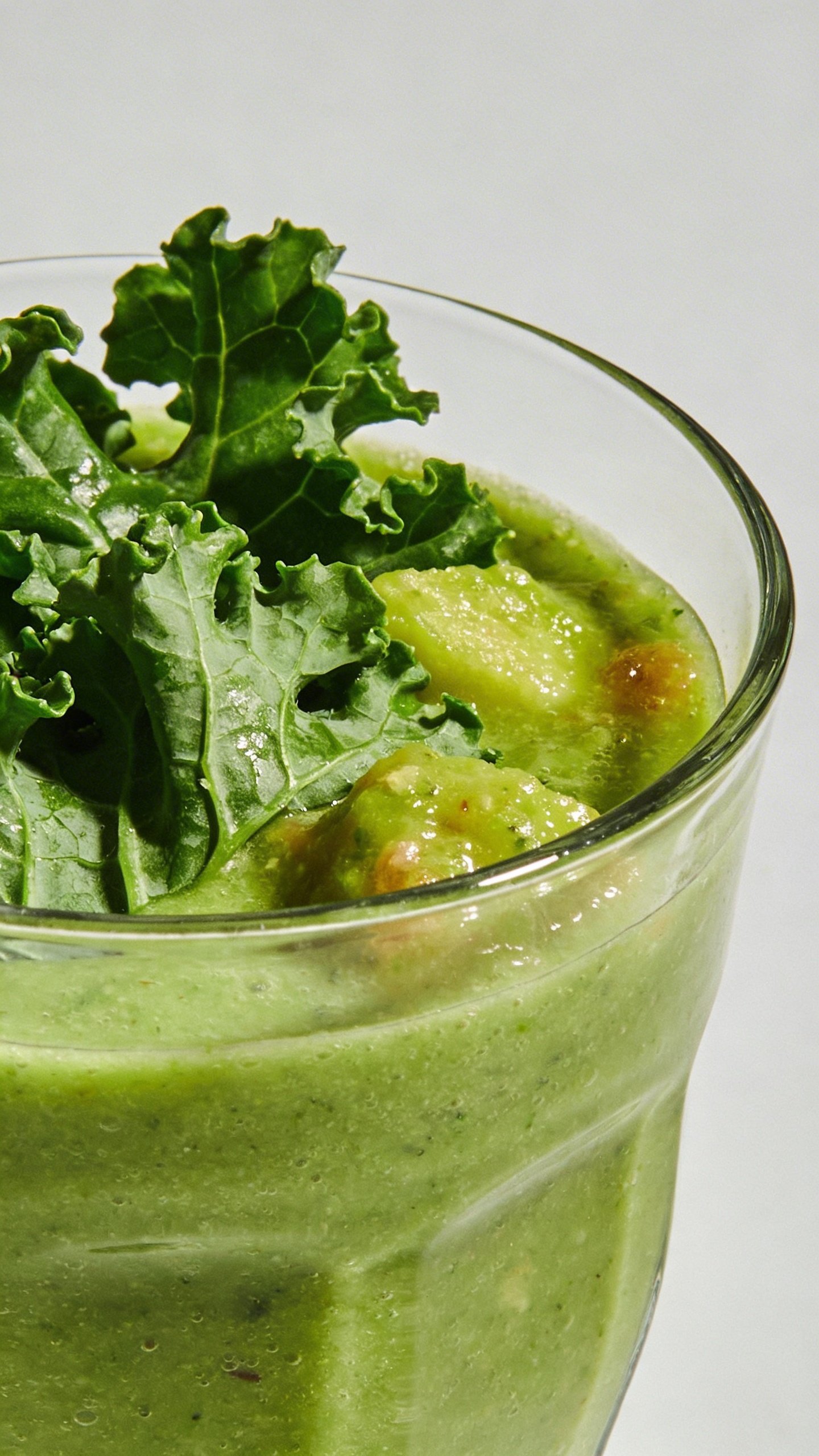 Closeup fiber-rich green smoothie in clear glass, minimal background
