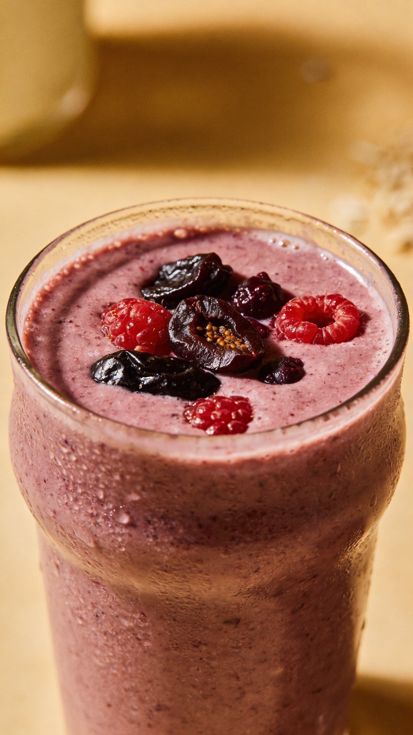 Oat milk prune-berry smoothie, realistic texture, single glass shot