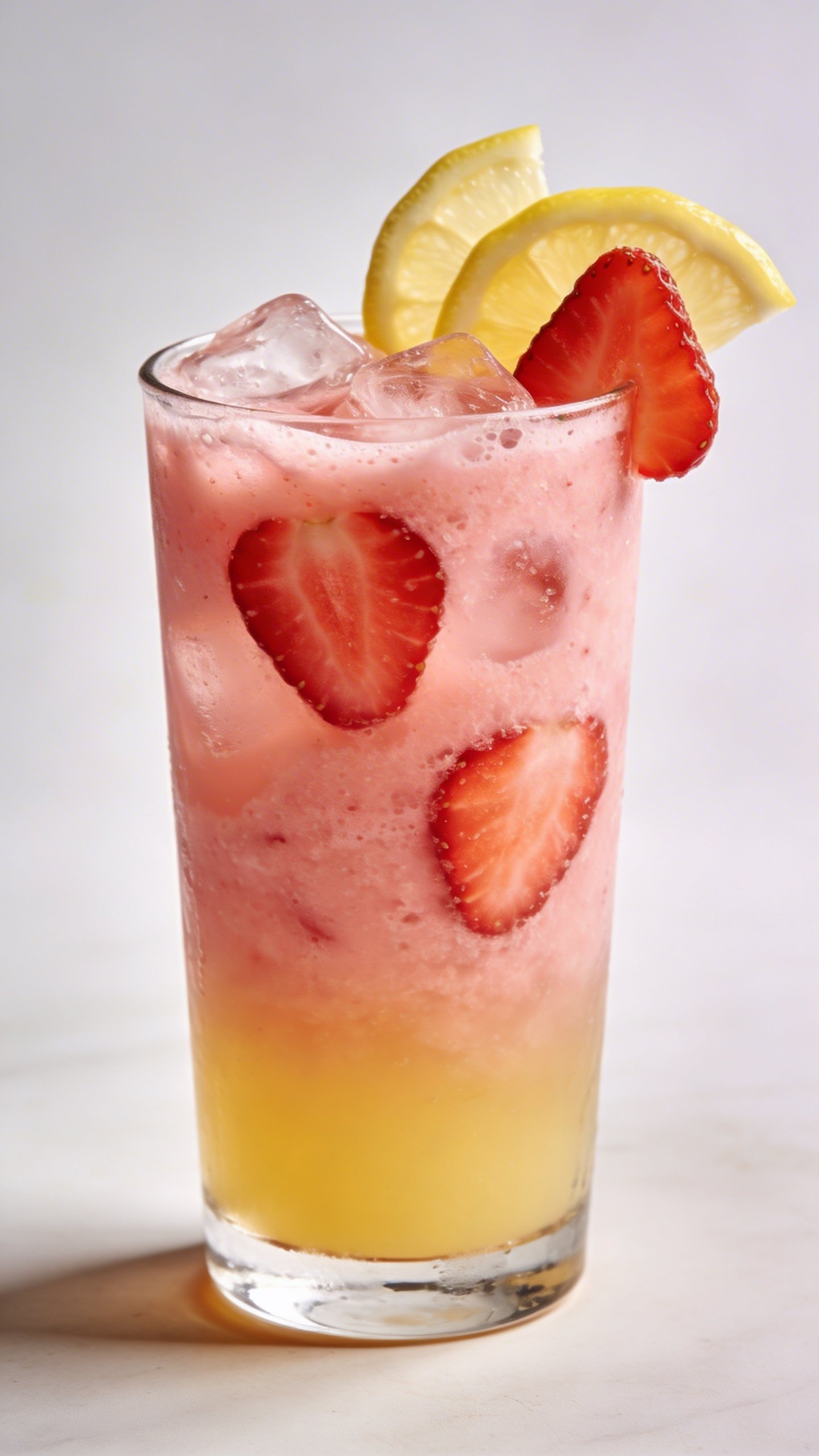 Closeup strawberry lemonade smoothie in clear glass, minimal background