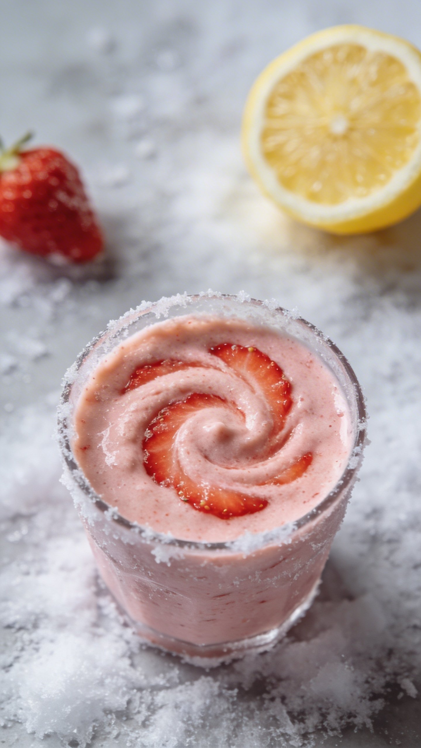 Overhead frosty strawberry-lemon smoothie swirl, natural texture, simple surface