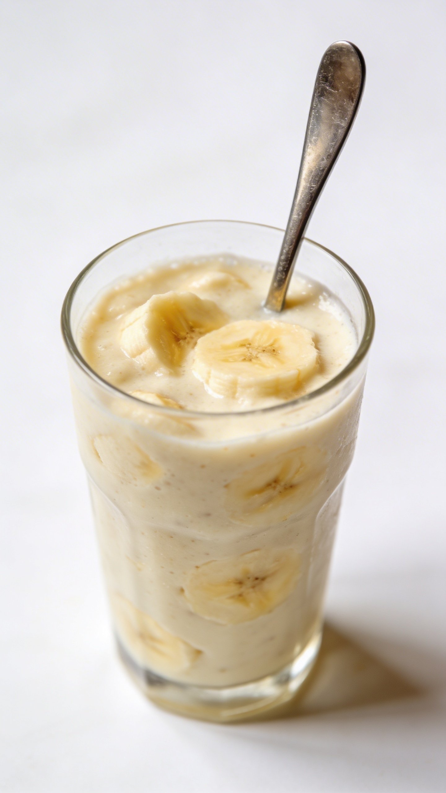Spoon standing in extra-thick banana smoothie, frosty glass, clean background