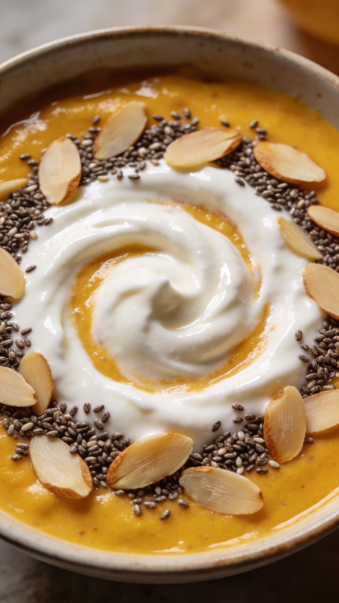 Closeup protein smoothie bowl with Greek yogurt swirl, chia, almonds