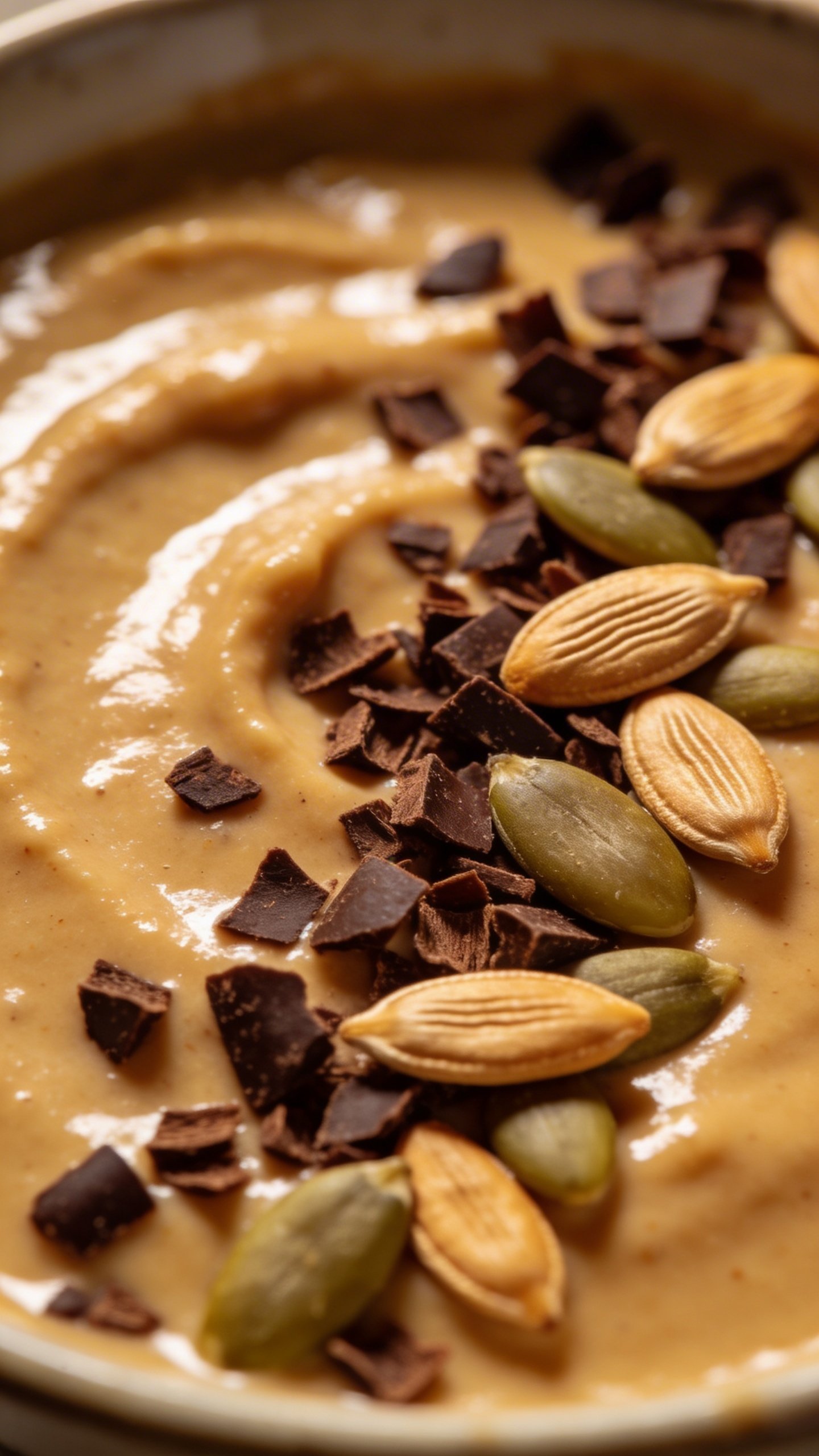 Macro shot peanut butter protein smoothie bowl, cacao nibs, pumpkin seeds