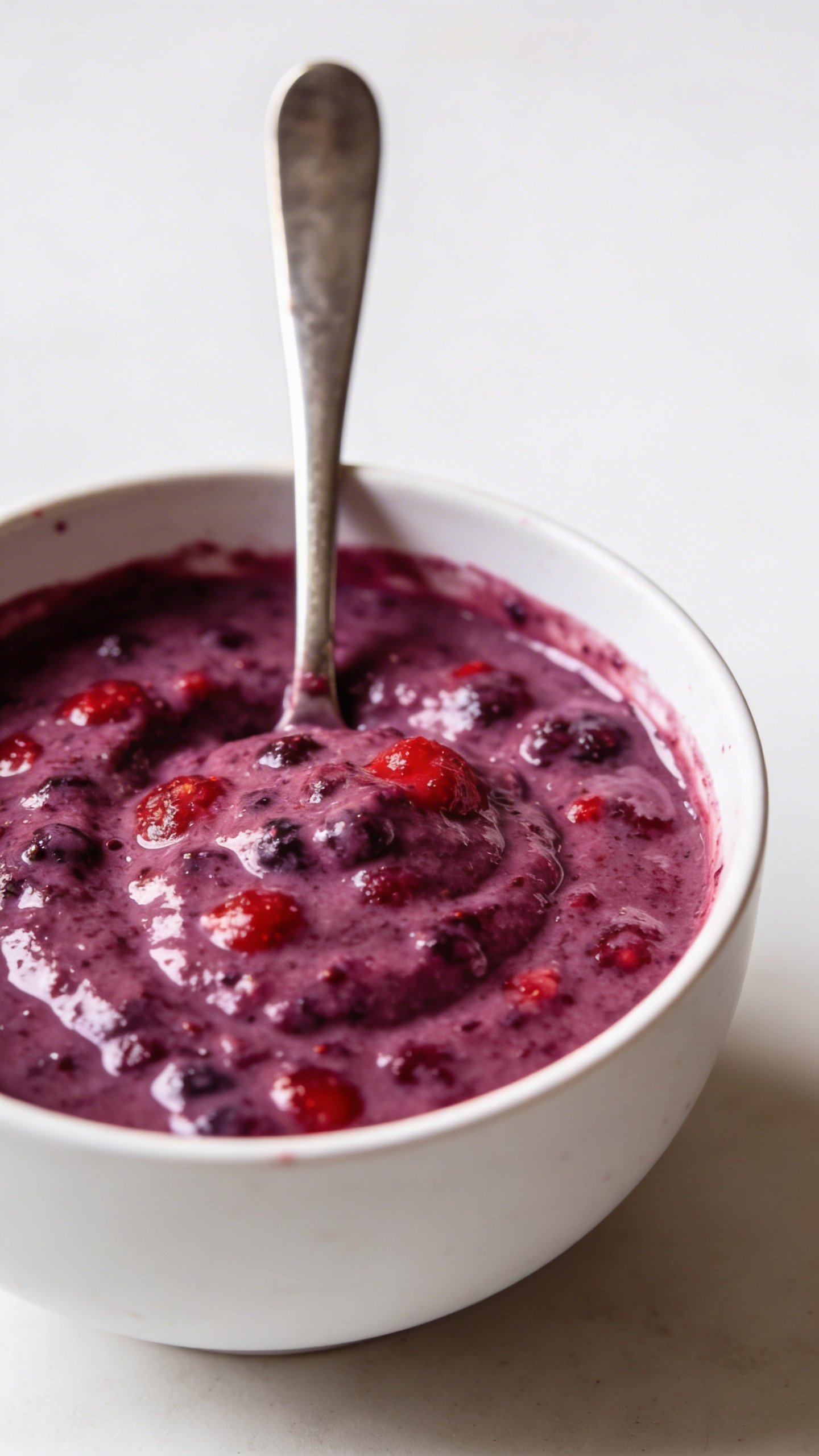 Close-up thick berry smoothie bowl, spoon-standing texture, minimal backdrop