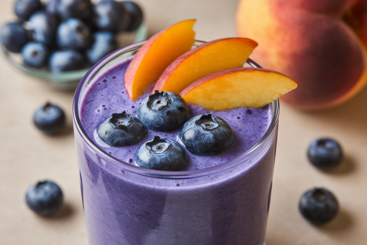 Blueberry Peach Summer Smoothie That’s Sweet, Cold, and Creamy - blueberry peach smoothie