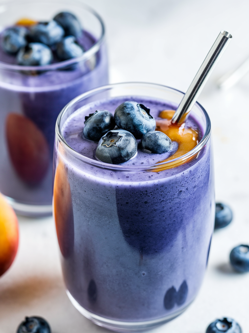 Blueberry Peach Summer Smoothie That’s Sweet, Cold, and Creamy - blueberry peach smoothie