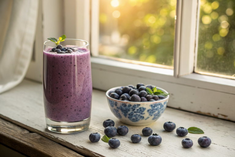 High Protein Blueberry Smoothie Recipe That Tastes Like a Café Order - blueberry smoothie glass