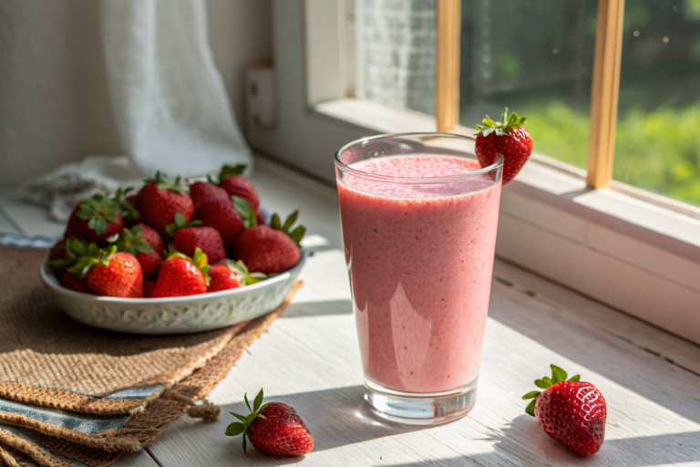 High Protein Strawberry Smoothie Recipe That Doesn’t Taste Chalky - strawberry smoothie glass