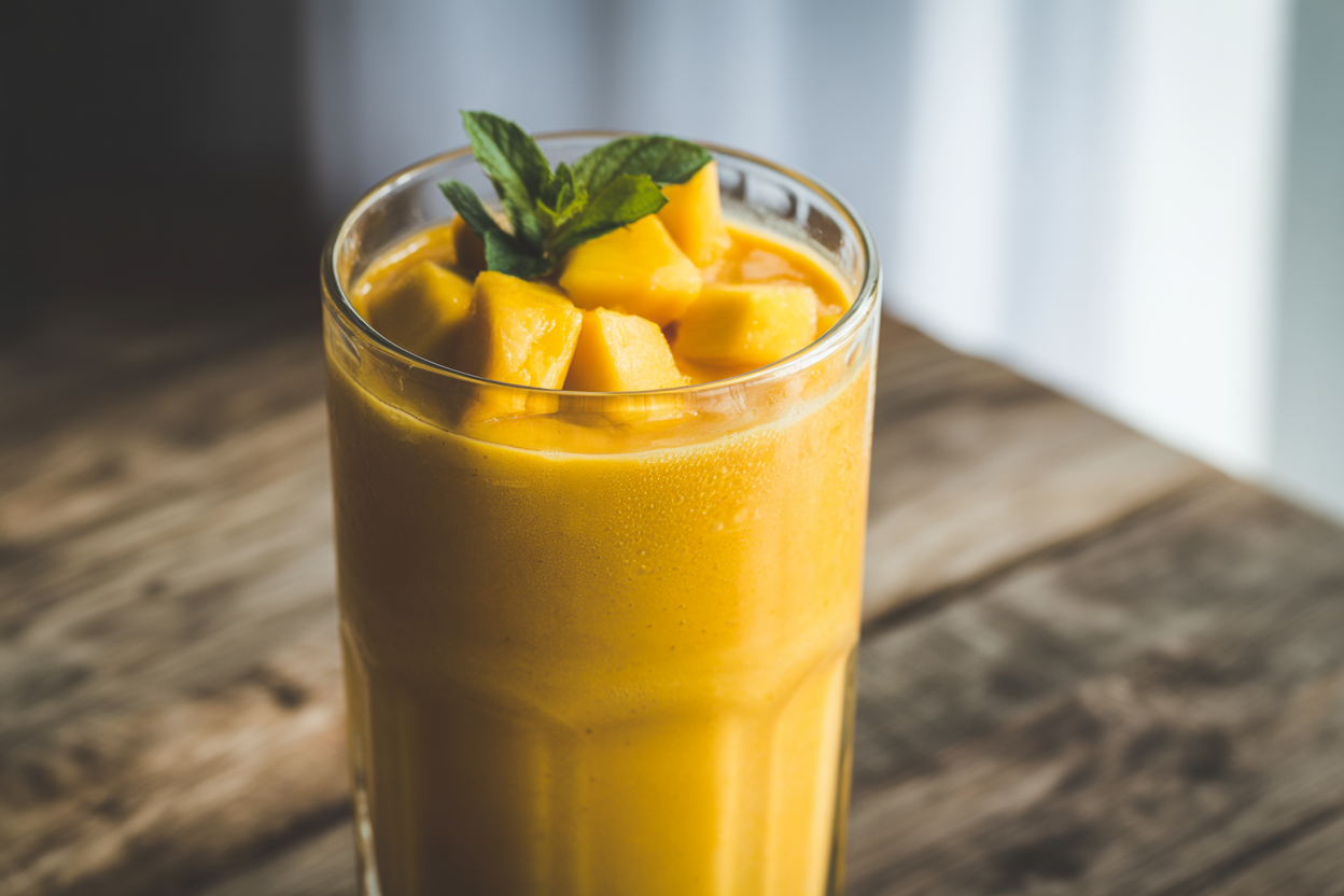 Mango Coconut Water Smoothie for Hot Days and Summer Mornings - mango smoothie glass