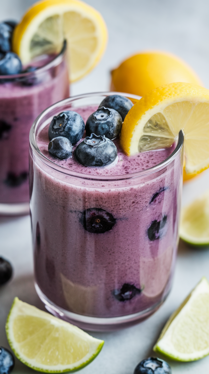 Blueberry Lemonade Smoothie for Summer Brunch or Pool Days - blueberry lemonade smoothie with garnish