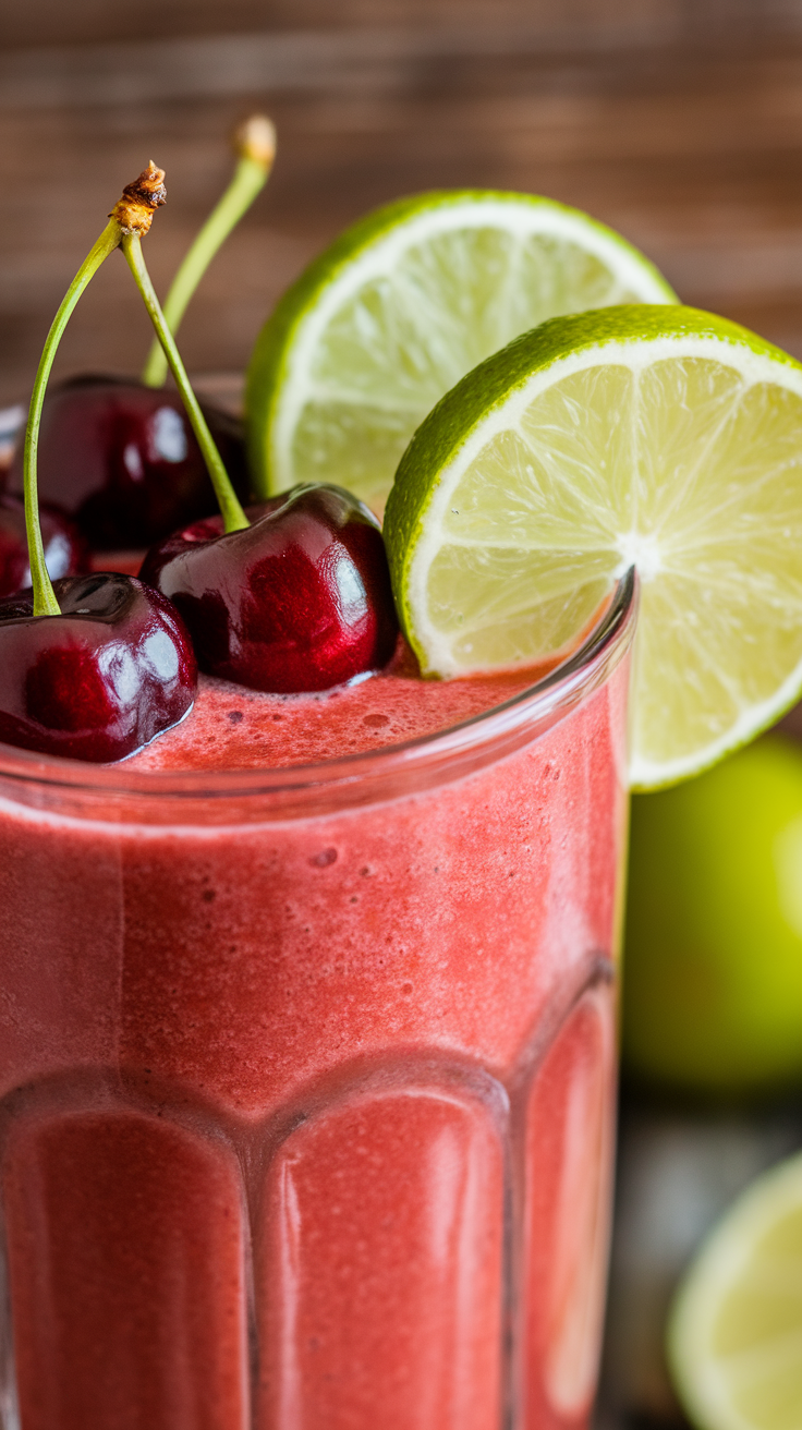 Frozen Cherry Lime Smoothie for a Cold Summer Treat - cherry lime smoothie glass