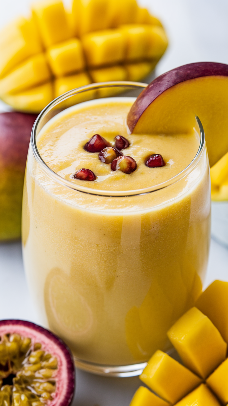 Mango Passionfruit Smoothie for a Vacation-in-a-Glass Moment - mango passionfruit smoothie close-up
