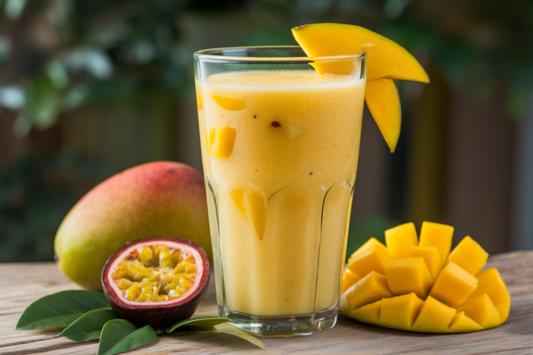 Mango Passionfruit Smoothie for a Vacation-in-a-Glass Moment - mango passionfruit smoothie glass