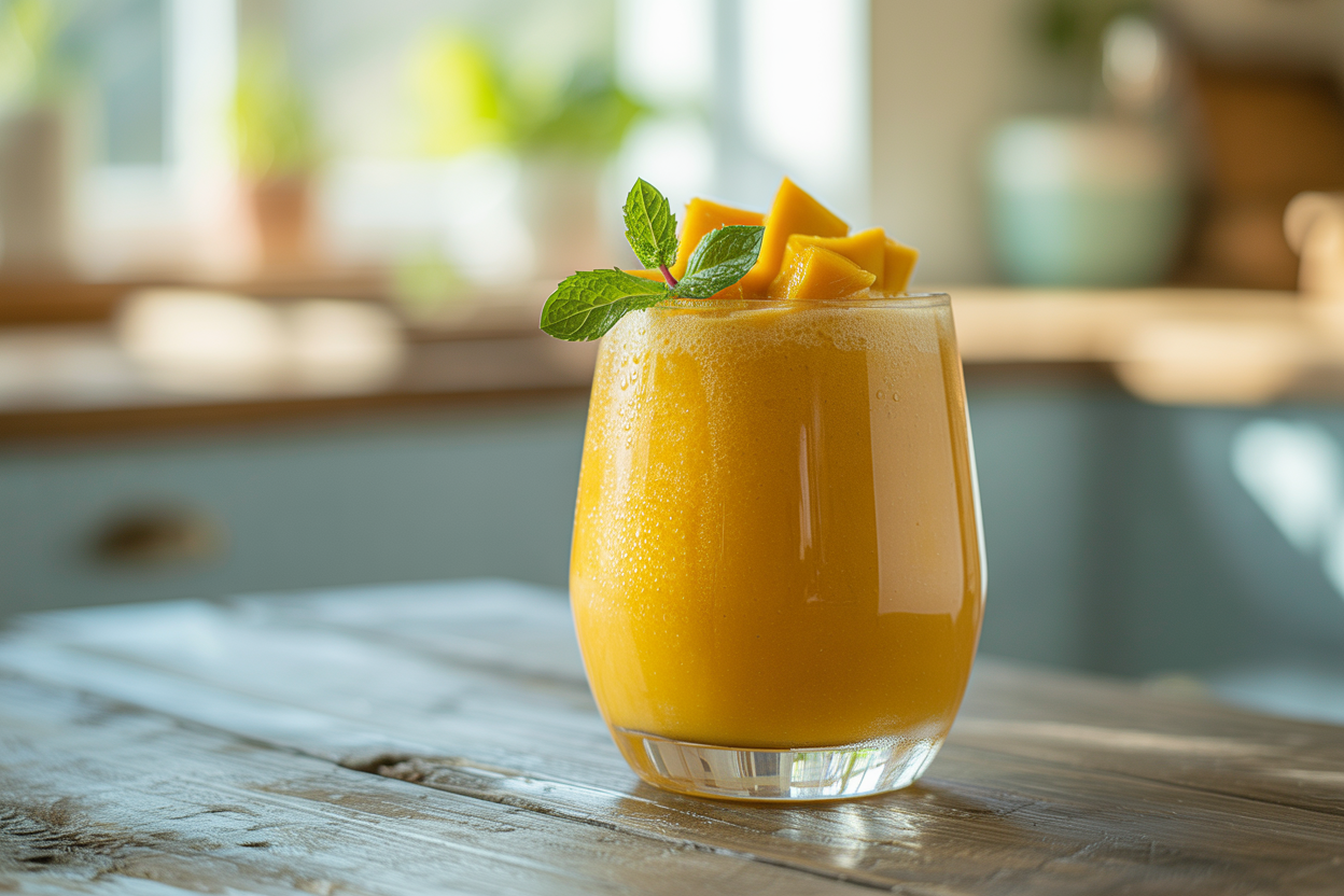 Mango Smoothie with Chia Seeds - mango smoothie glass