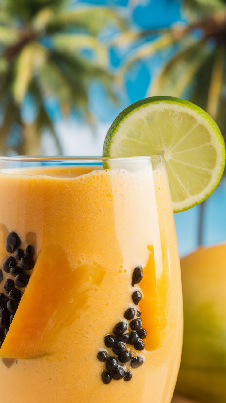 Papaya Lime Smoothie for a Tropical Summer Glow - papaya lime smoothie pouring