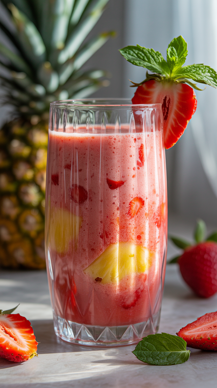 Pineapple Strawberry Smoothie That Looks Like Summer and Tastes Even Better - pineapple strawberry smoothie pour