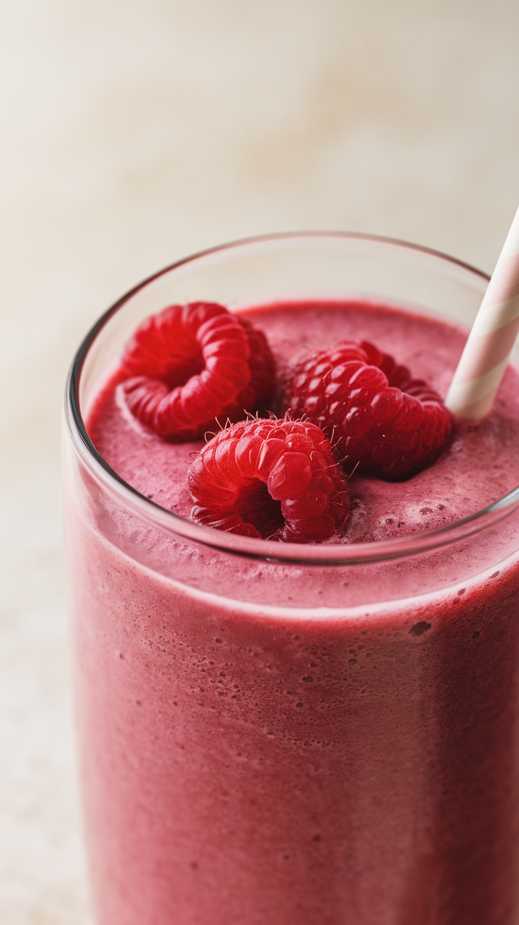 Raspberry Coconut Water Smoothie for a Light Summer Hydration Boost - raspberry smoothie garnished glass