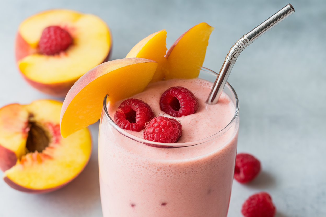 Raspberry Peach Smoothie That’s Sweet, Creamy, and So Easy - raspberry peach smoothie glass