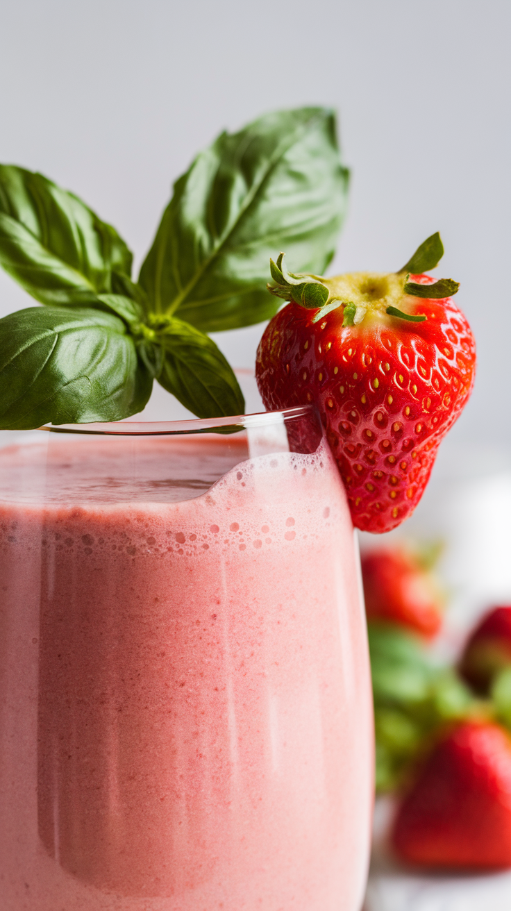 Strawberry Basil Smoothie for a Fresh Garden-Inspired Breakfast - strawberry basil smoothie close-up
