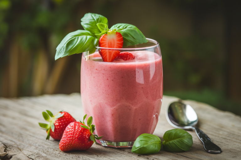 Strawberry Basil Smoothie for a Fresh Garden-Inspired Breakfast - strawberry basil smoothie glass