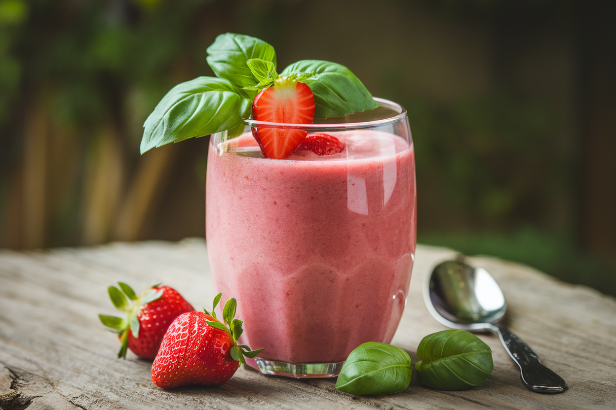 Strawberry Basil Smoothie for a Fresh Garden-Inspired Breakfast - strawberry basil smoothie glass