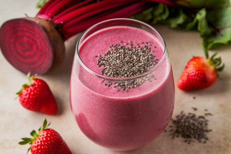 Strawberry Beet Smoothie That’s Bright, Creamy, and Beautiful - strawberry beet smoothie glass