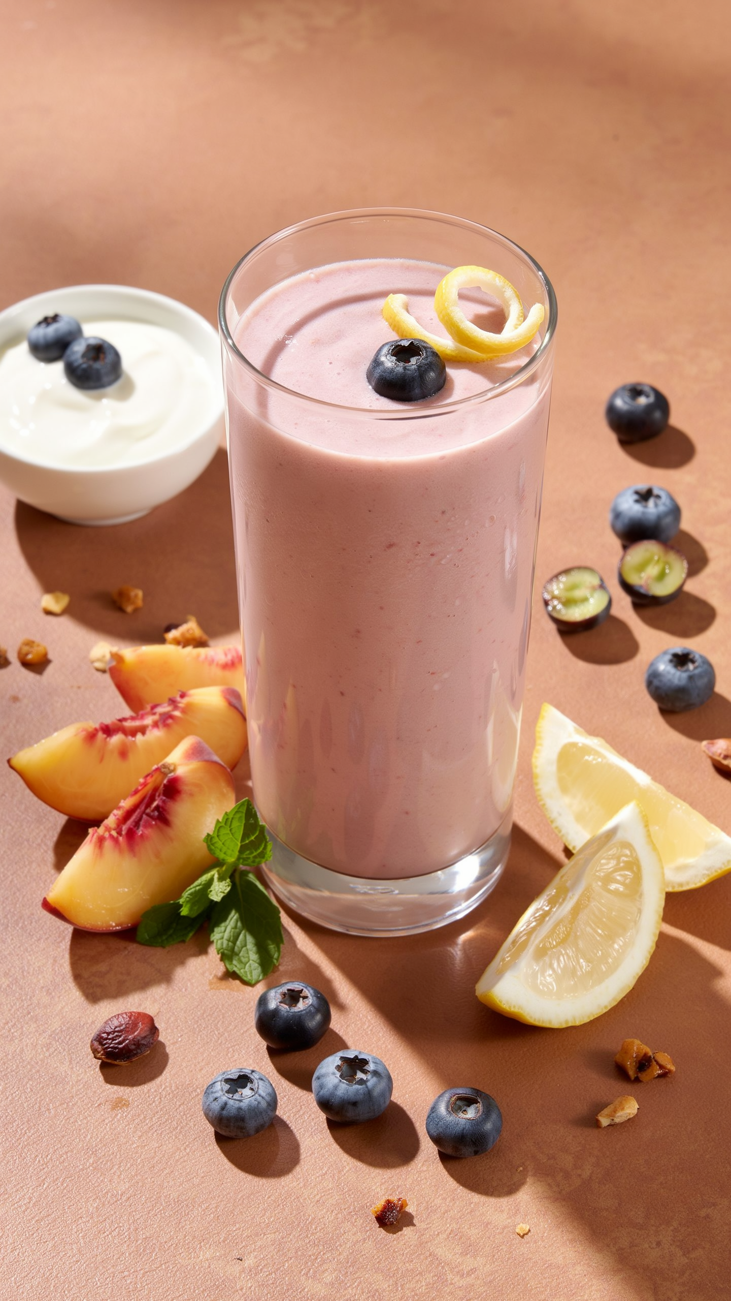 Blueberry Peach Lemon Yogurt Smoothie in a glass with blueberries, peach slices, and lemon