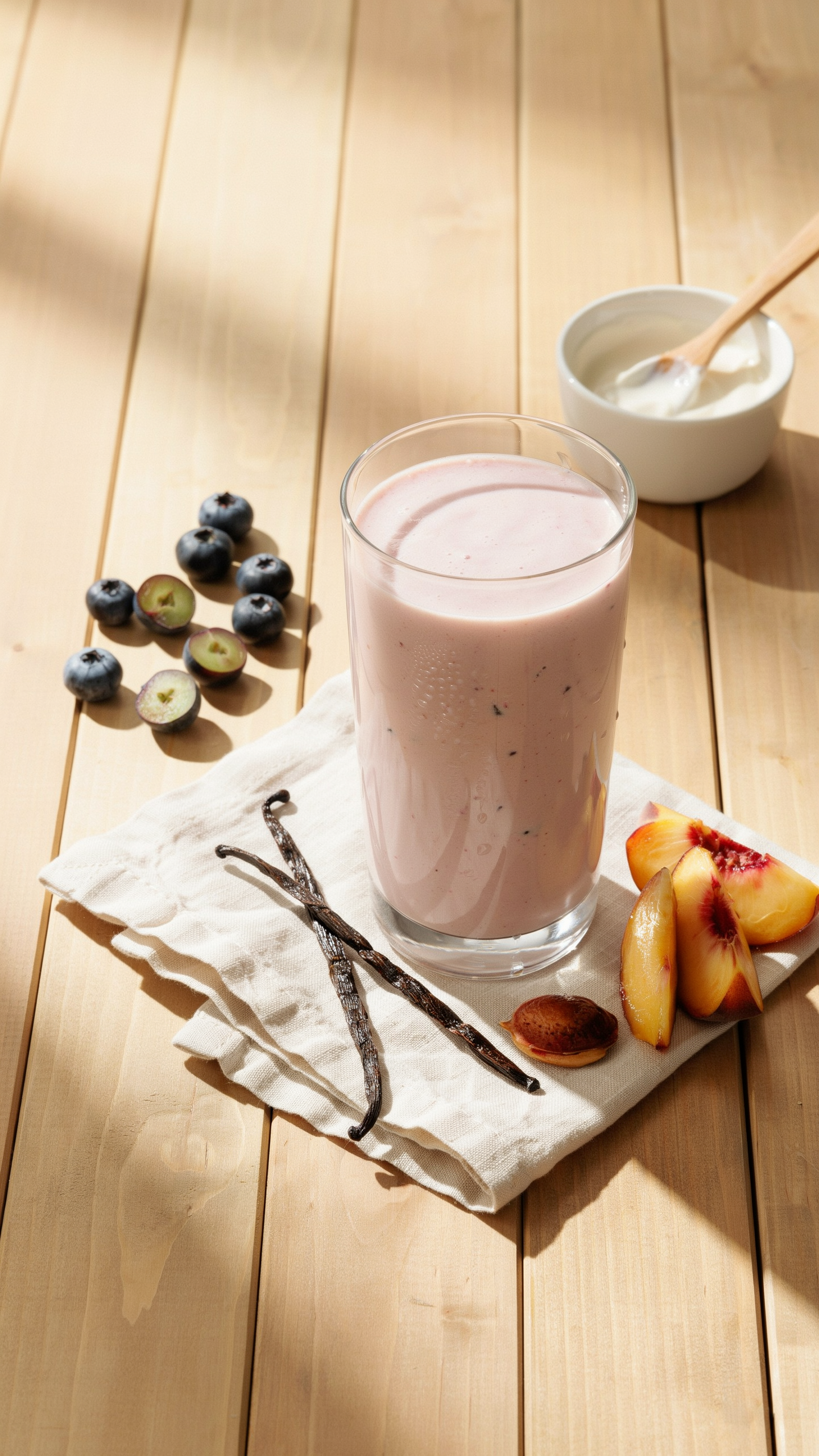 Blueberry peach vanilla smoothie in a glass with blueberries and peach slices