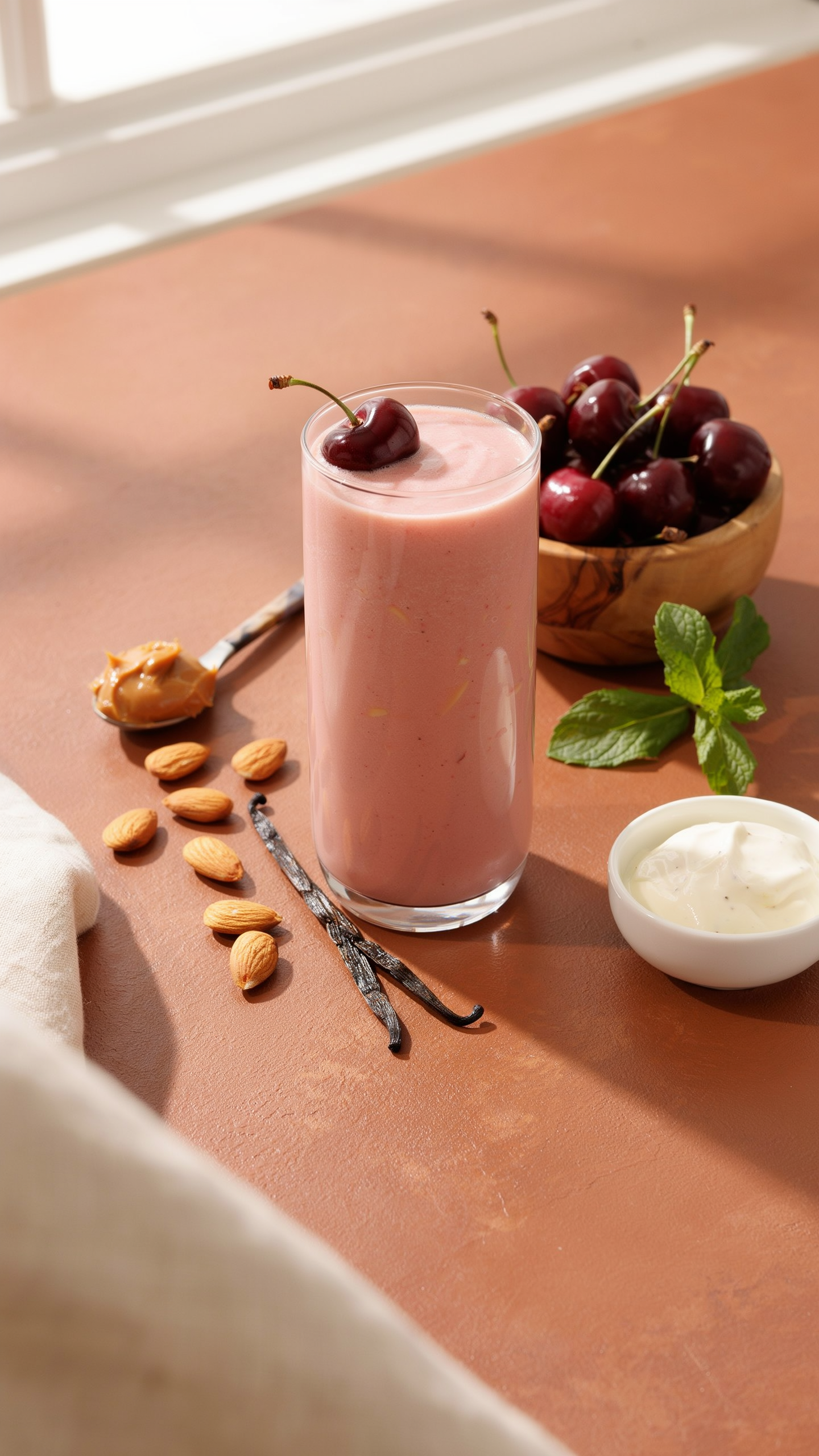 Cherry almond vanilla smoothie in a glass with cherries, banana, almond butter, and vanilla