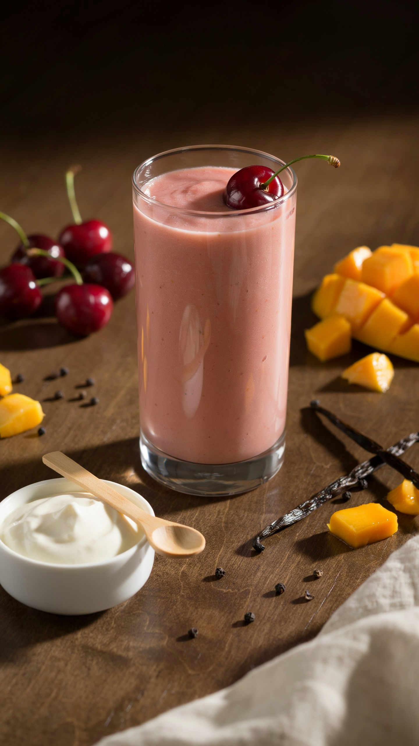 Cherry mango vanilla yogurt smoothie in a glass with cherries and mango pieces