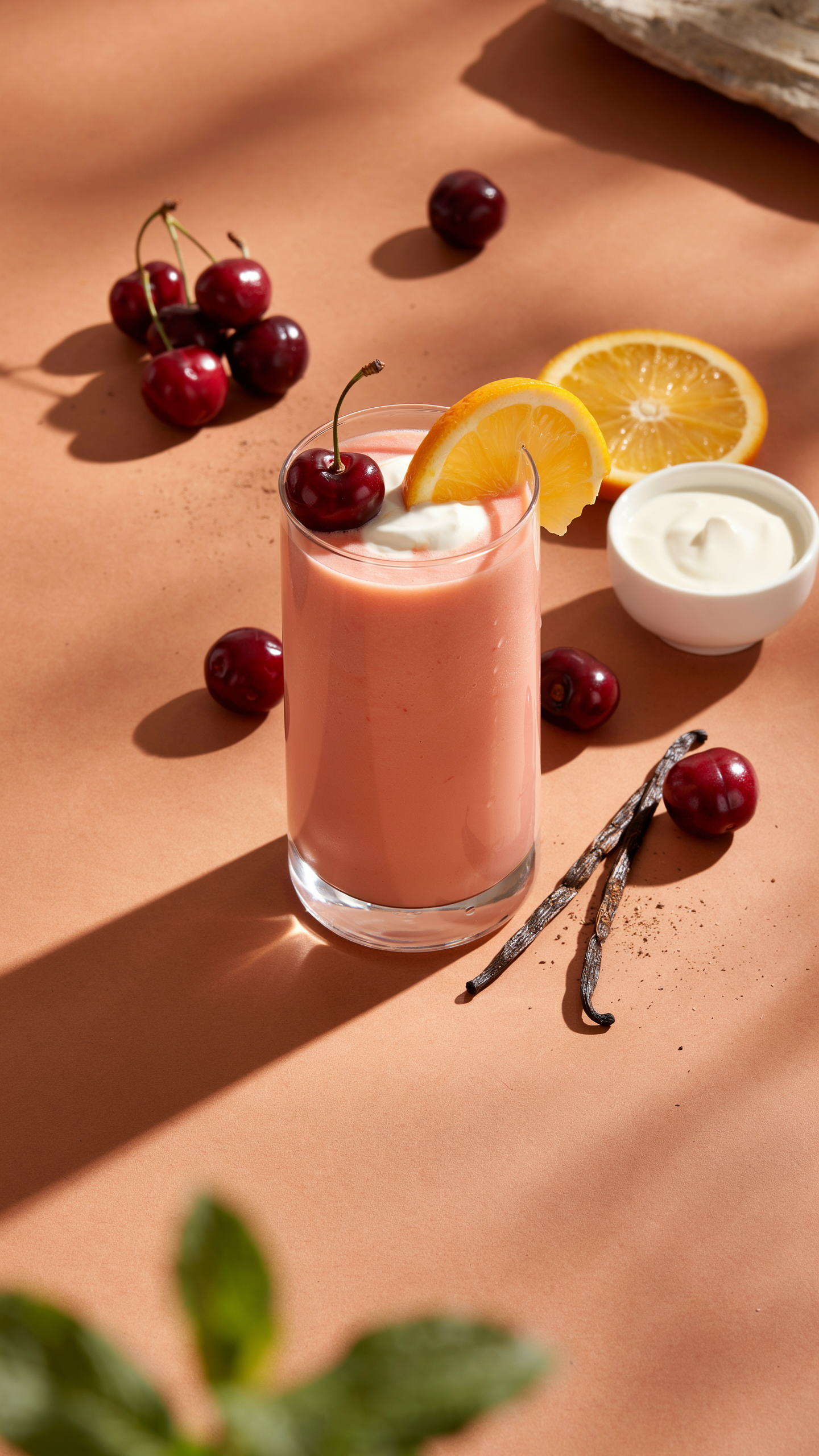 Cherry orange smoothie with vanilla yogurt in a glass topped with cherries and orange slices