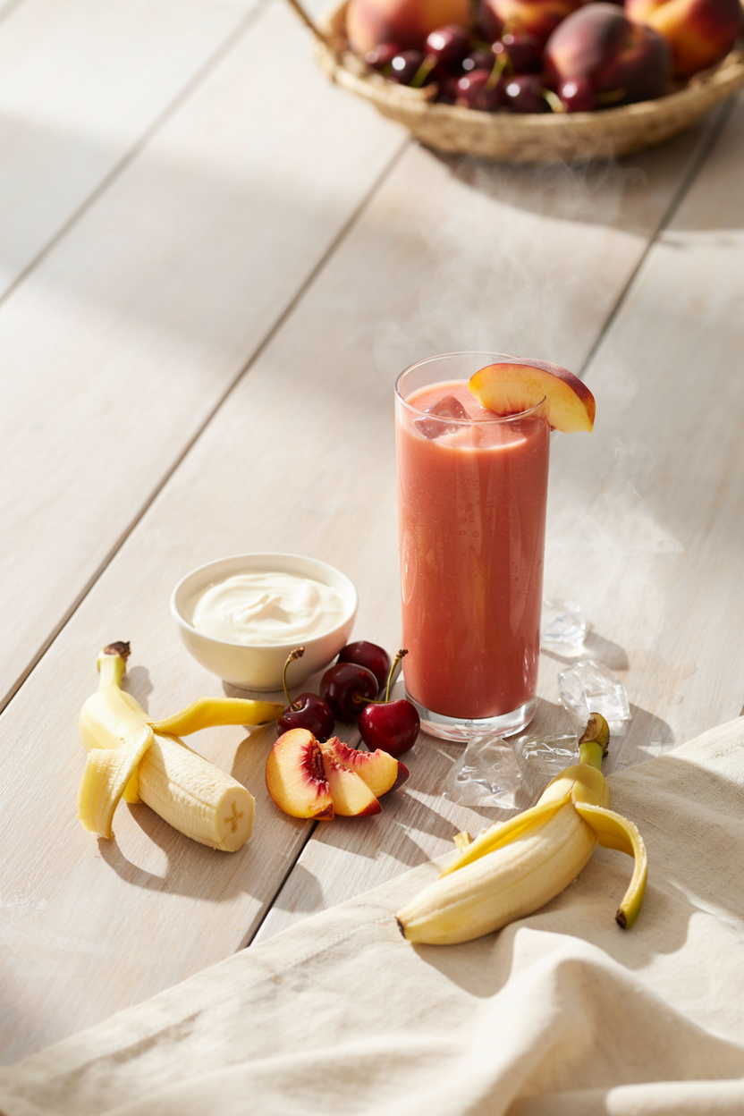 Cherry Peach Yogurt Smoothie in a glass with cherries and peach slices