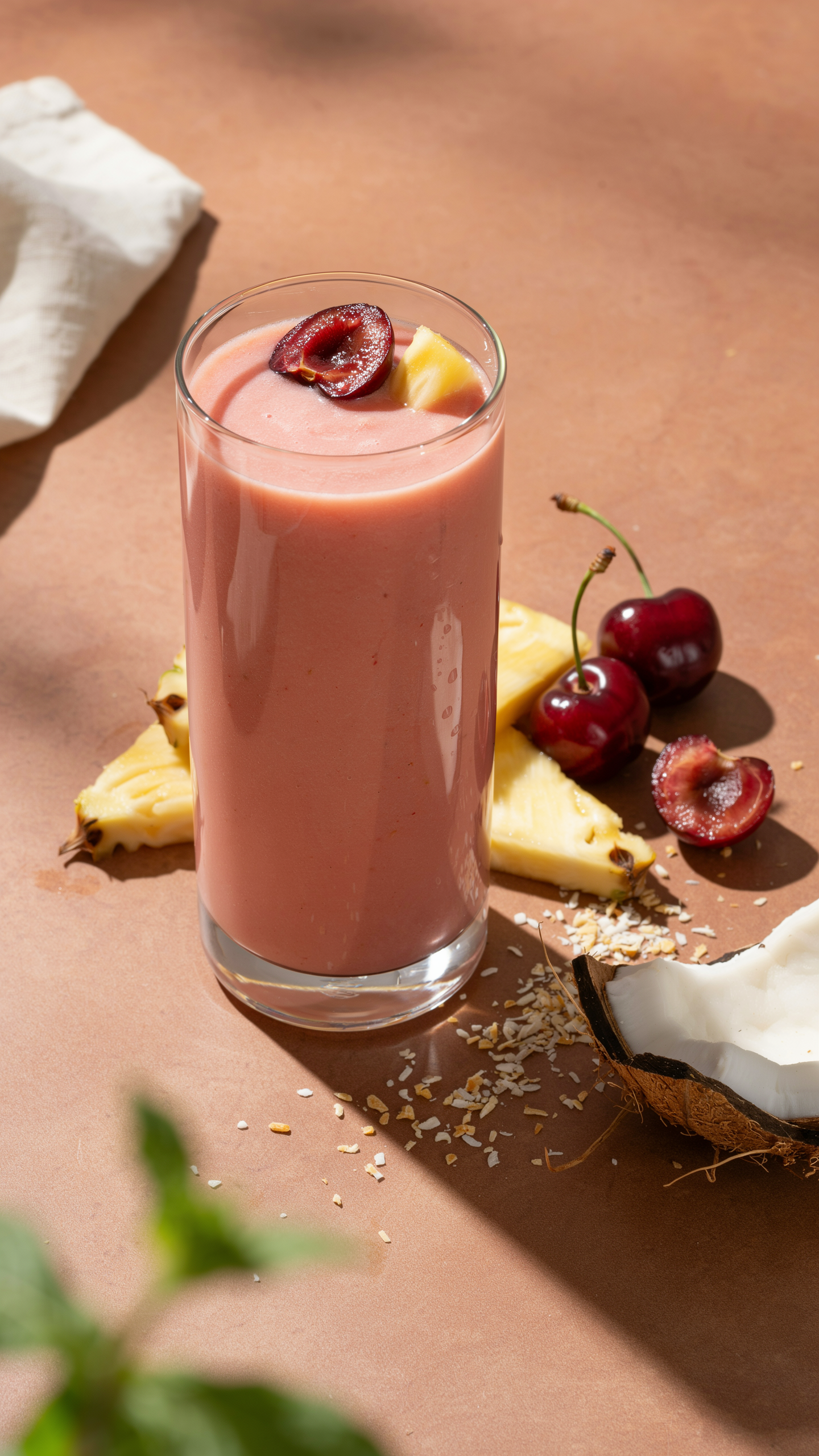 Cherry pineapple coconut smoothie in a glass with a pink tropical fruit blend