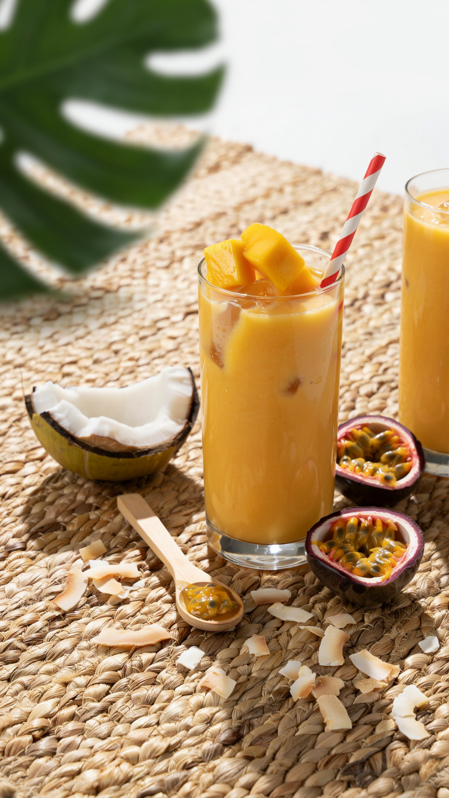 Coconut Mango Passion Fruit Smoothie in a glass topped with shredded coconut and tropical fruit