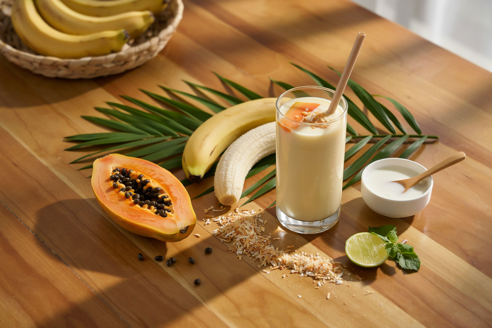 Creamy coconut papaya banana smoothie in a glass topped with shredded coconut and tropical fruit