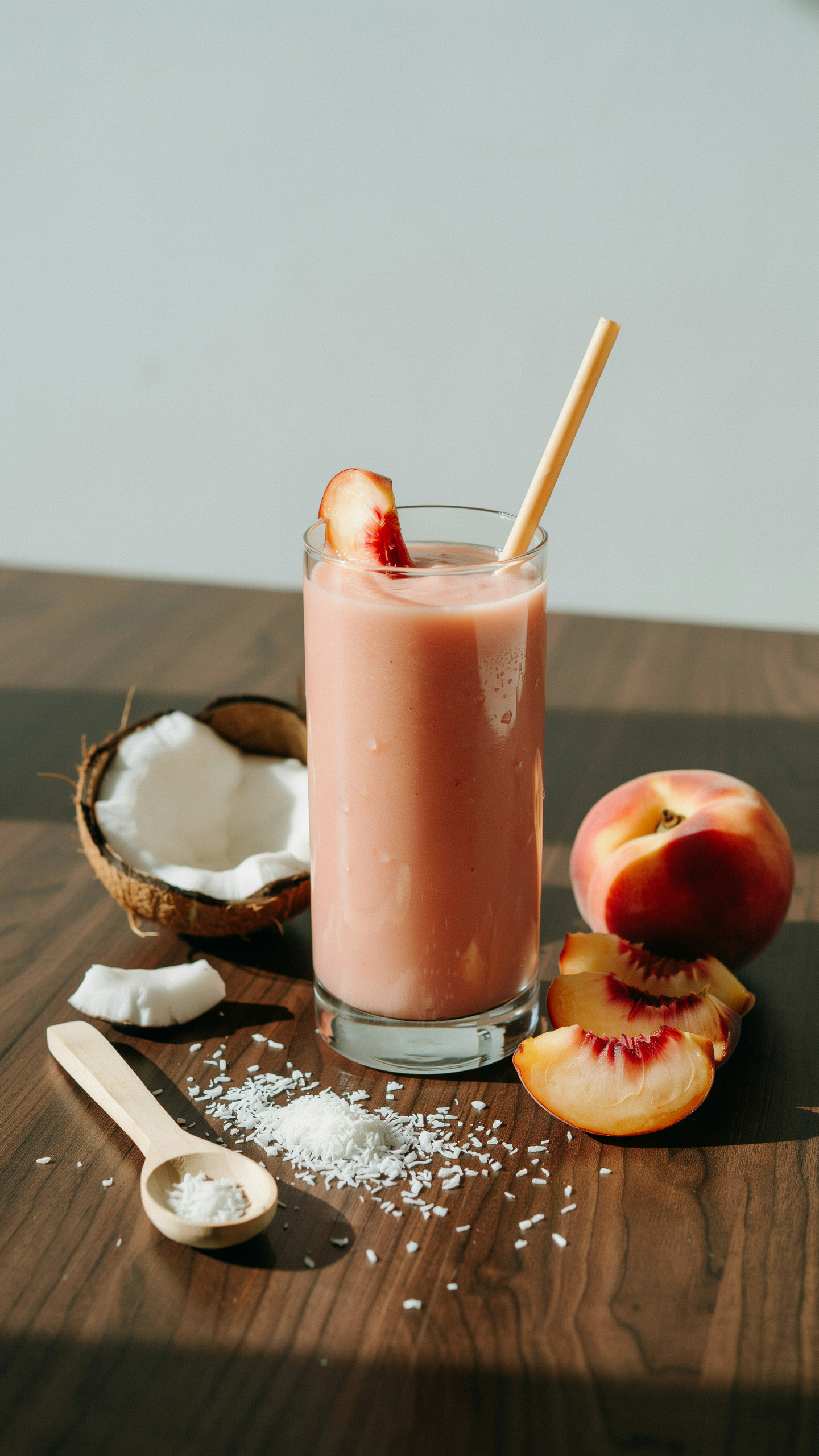 Creamy coconut peach smoothie in a glass with peach slices, shredded coconut, and lime for a sunny breakfast