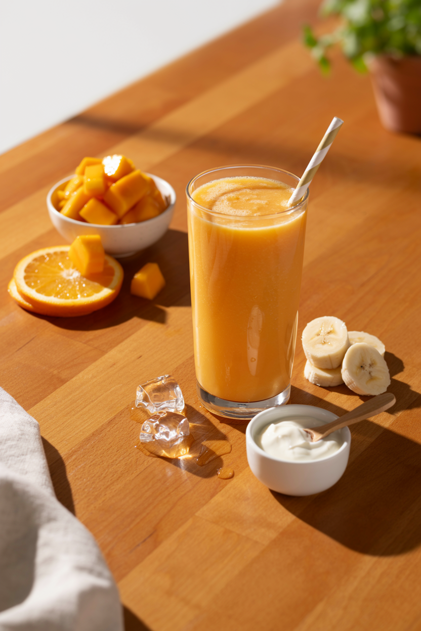 Creamy orange mango smoothie in a glass with mango chunks and orange slices
