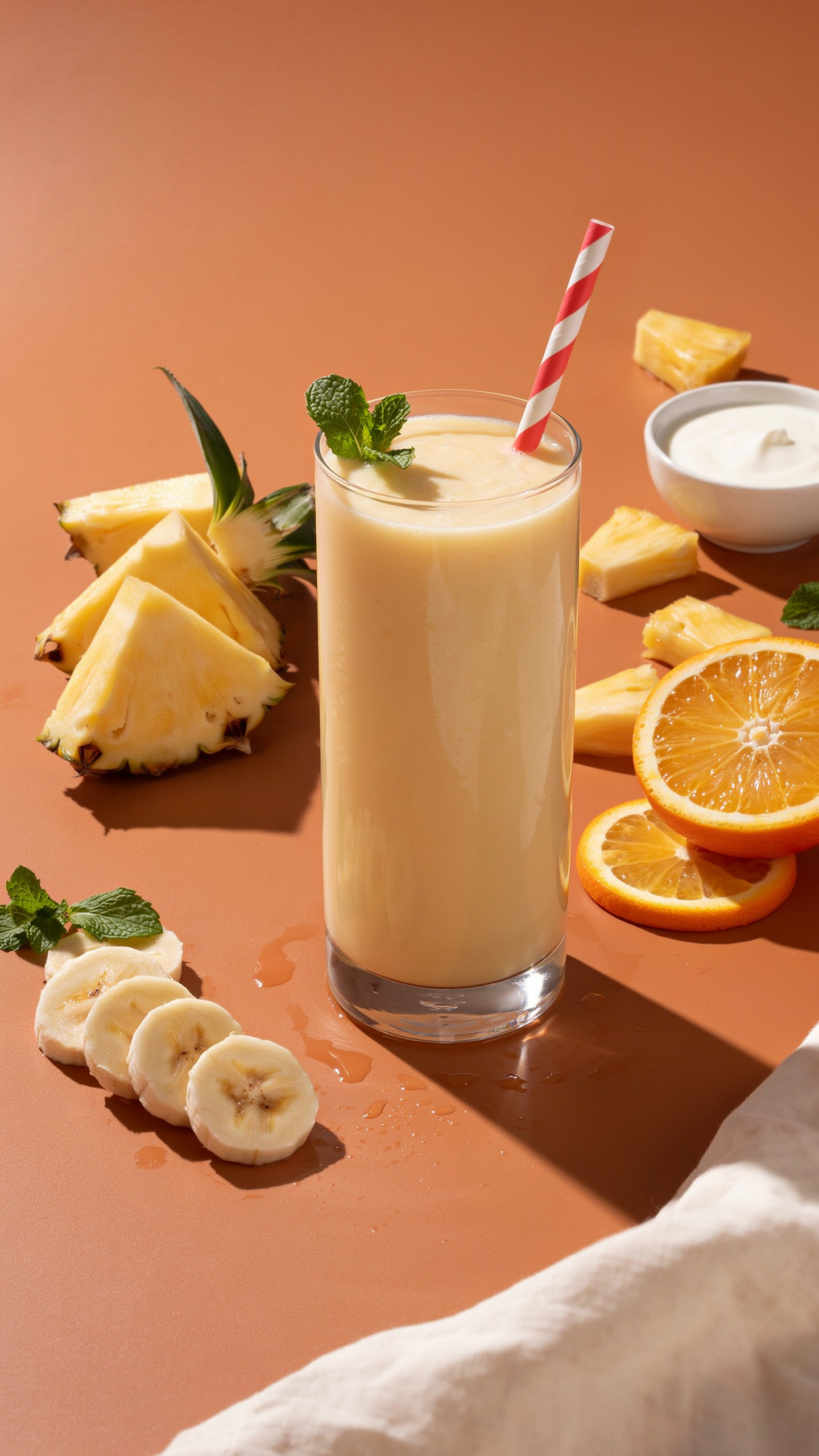 Creamy pineapple orange smoothie in a glass with pineapple and orange slices