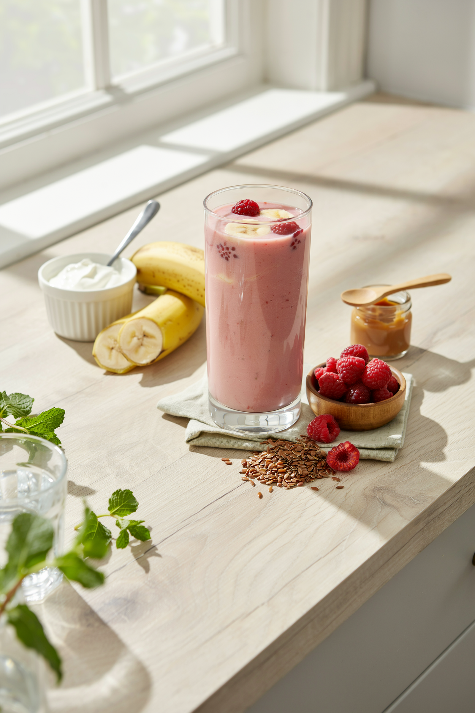 Creamy raspberry yogurt smoothie with banana in a glass topped with raspberries