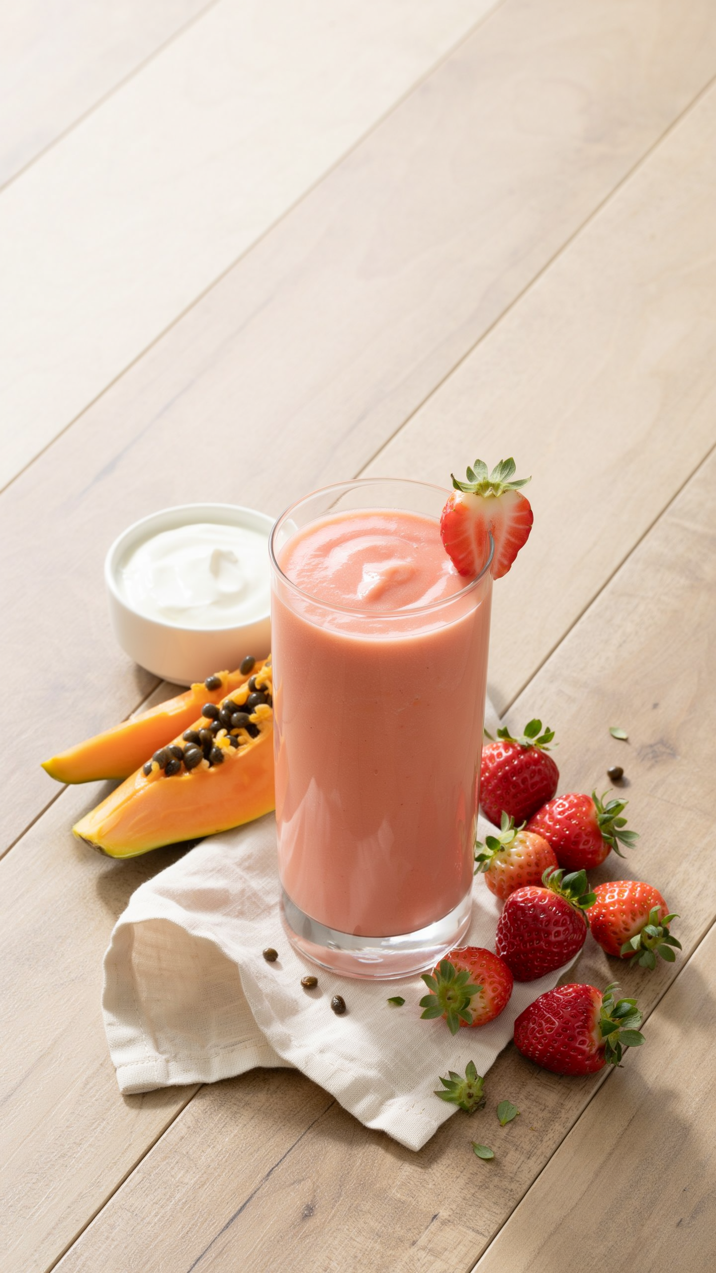 Creamy strawberry papaya smoothie in a glass with a honey drizzle and fresh fruit garnish