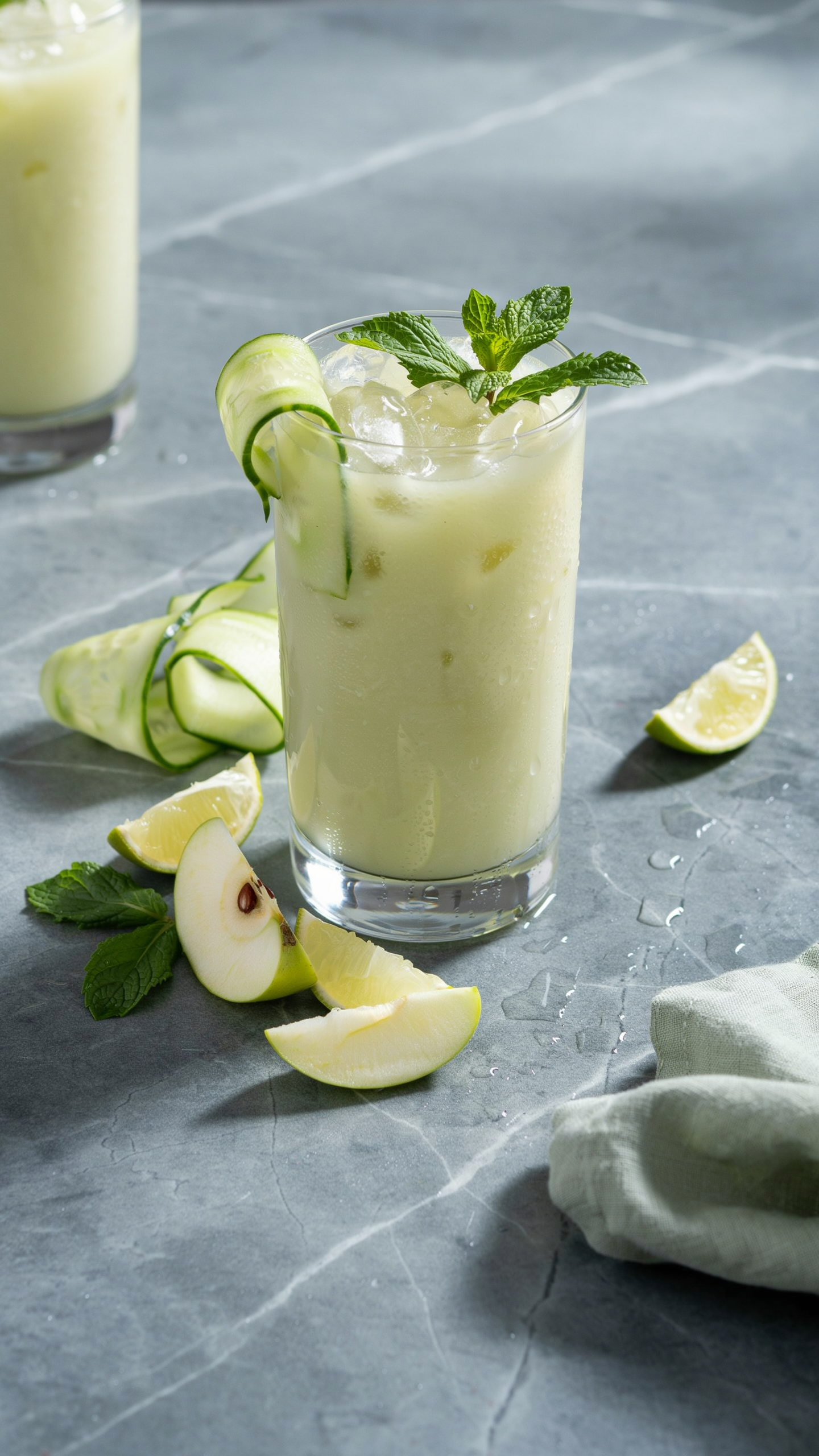 Cucumber apple detox smoothie in a glass with cucumber slices, green apple, lime, and chia seeds
