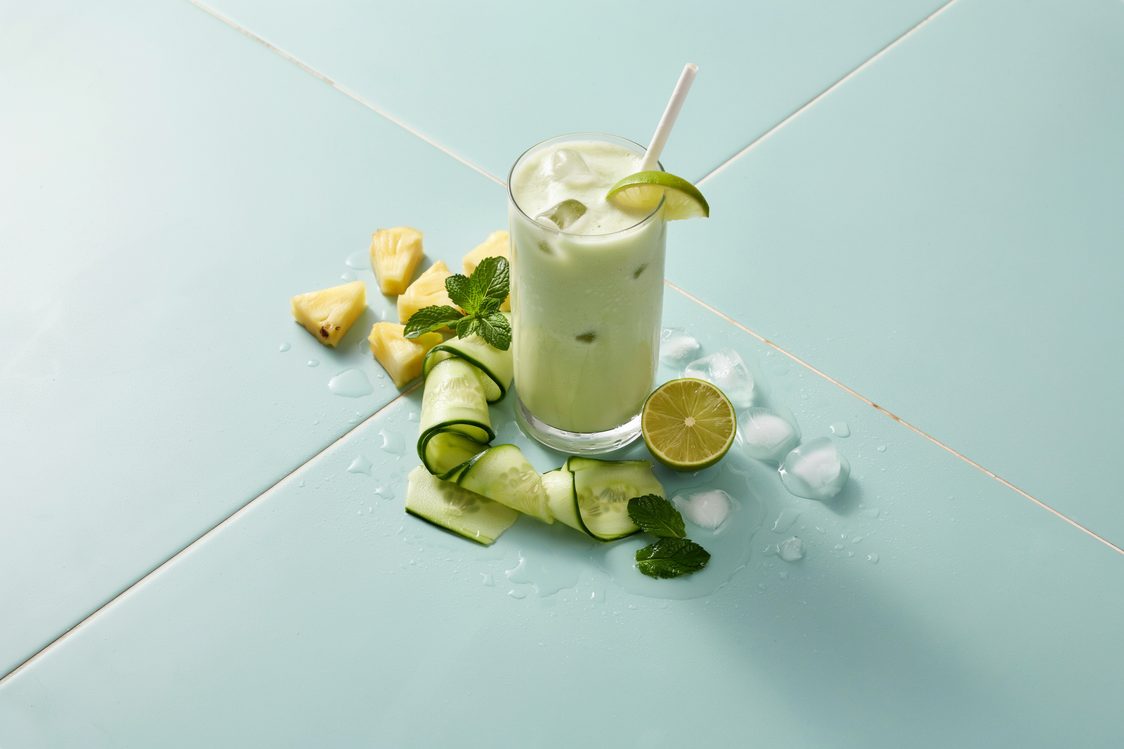 Cucumber pineapple green smoothie in a glass with spinach, lime, mint, cucumber, and pineapple