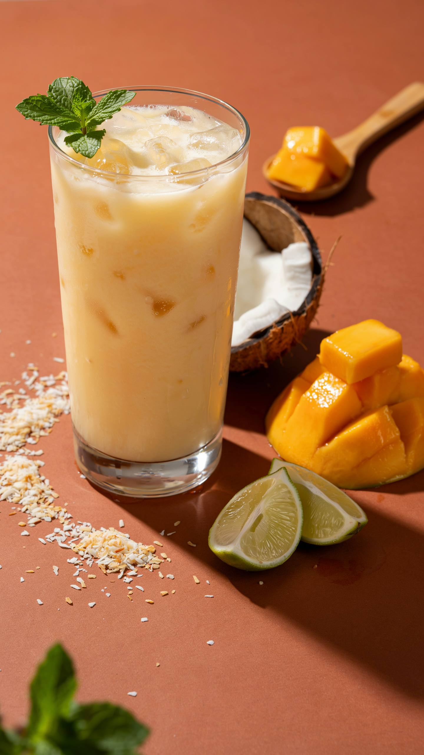 Frozen mango coconut lime smoothie in a glass with shredded coconut and lime garnish