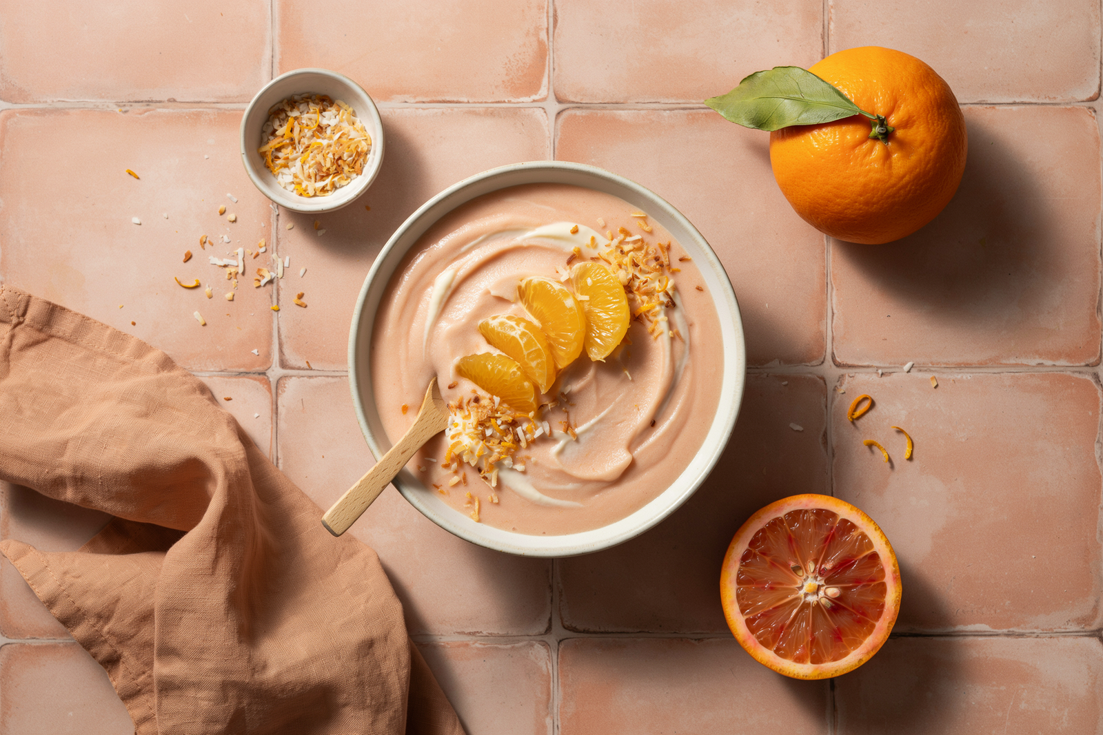 Frozen orange cream smoothie bowl topped with granola, coconut, and orange zest