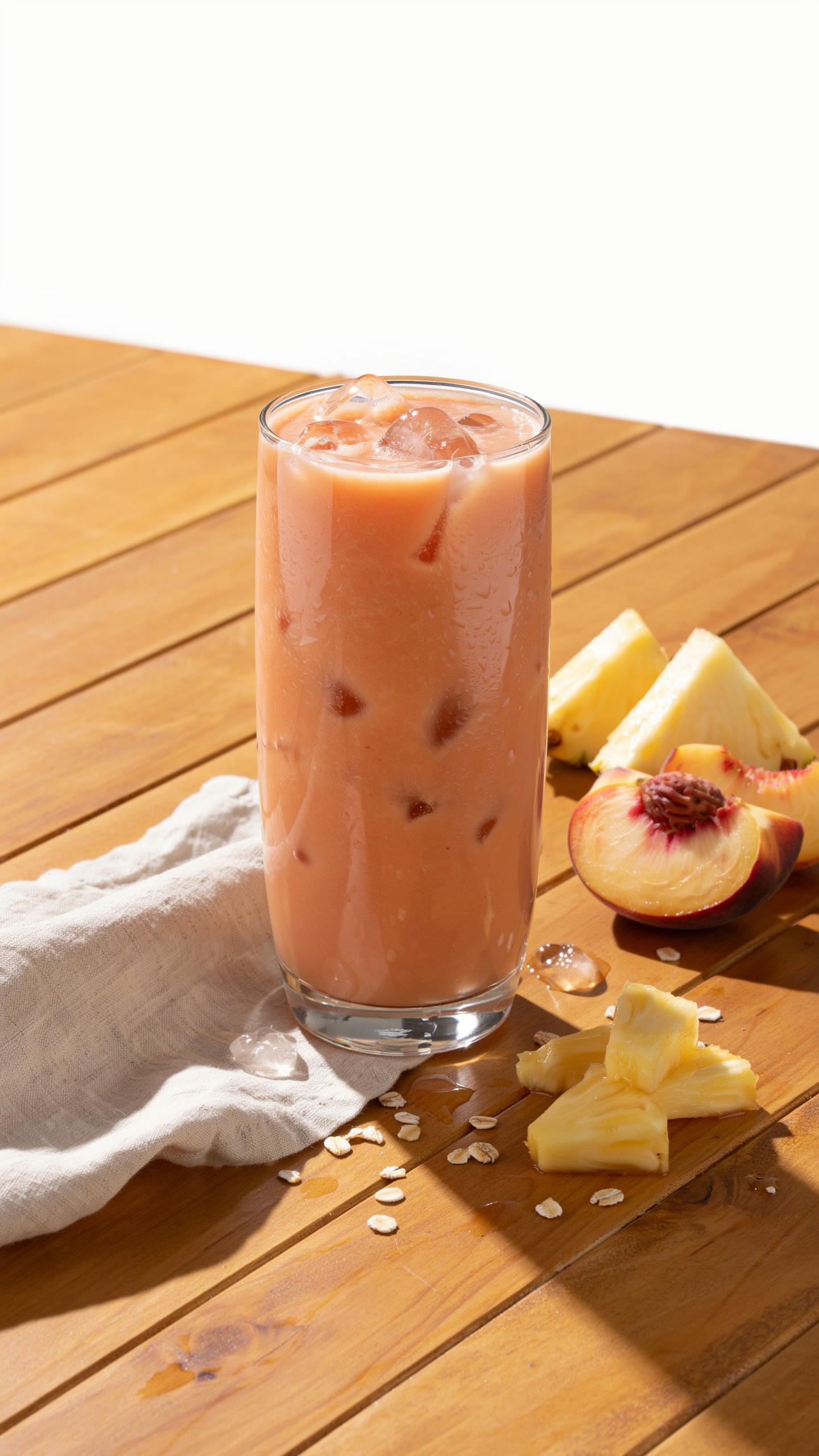 Frozen peach pineapple smoothie in a glass with peach slices, pineapple chunks, and a bright summer feel