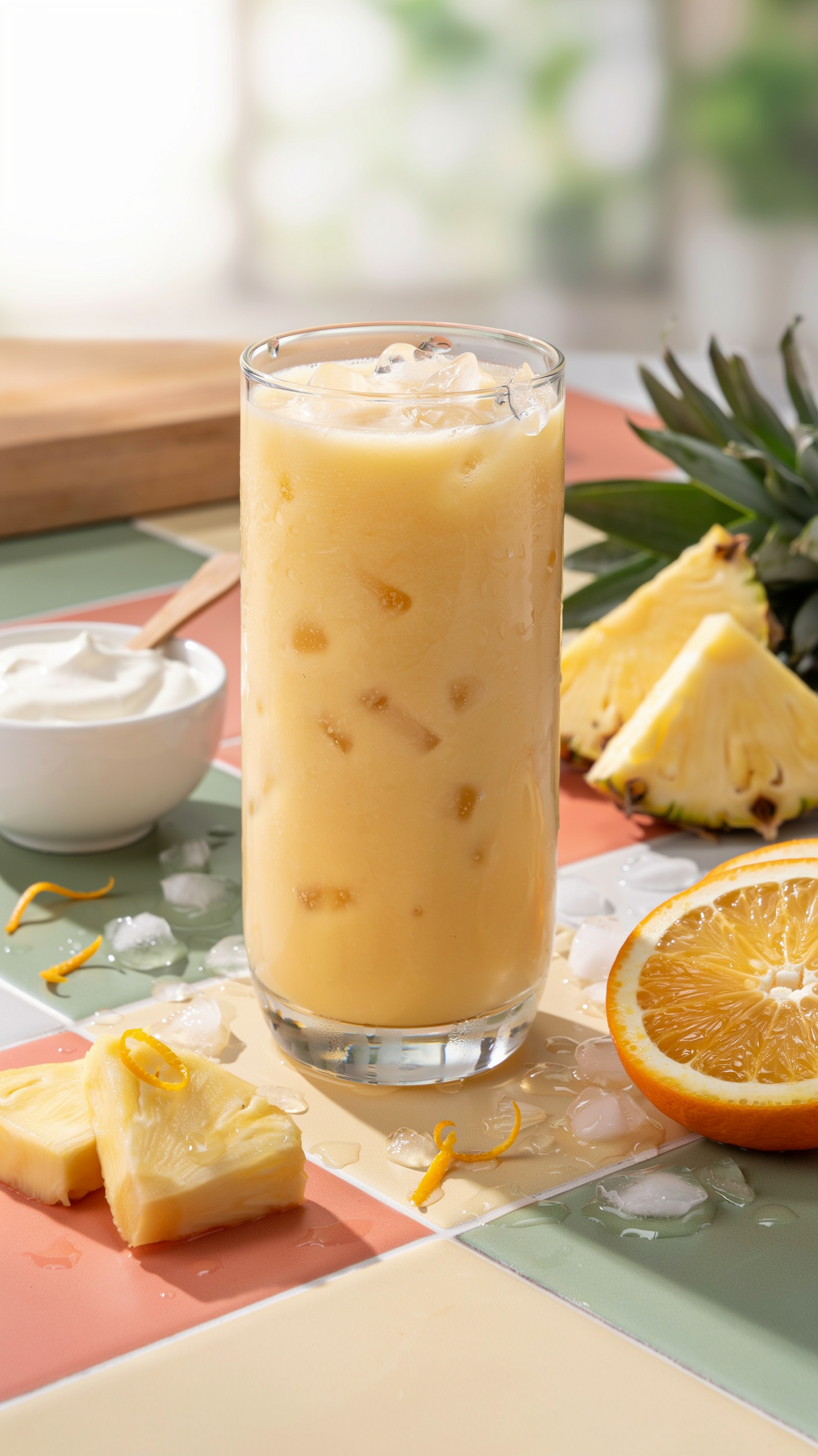 Frozen Pineapple Orange Cream Smoothie in a glass with pineapple and orange