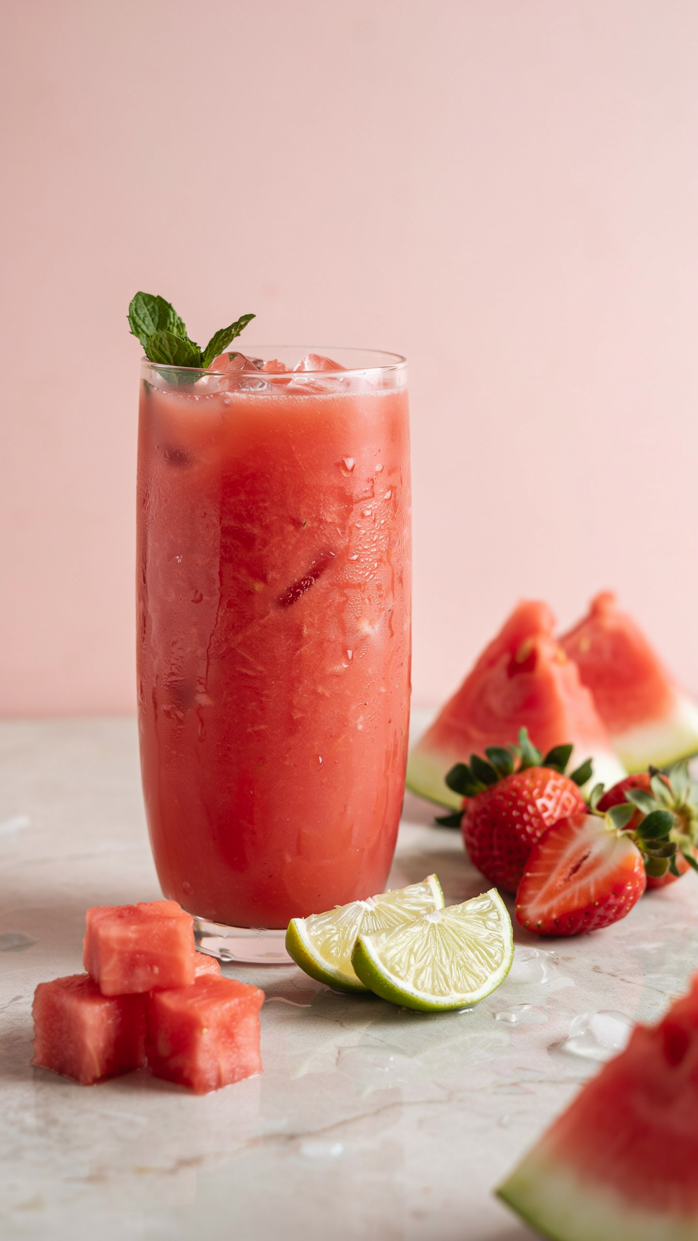 Frozen strawberry watermelon lime smoothie in a glass with mint and lime garnish