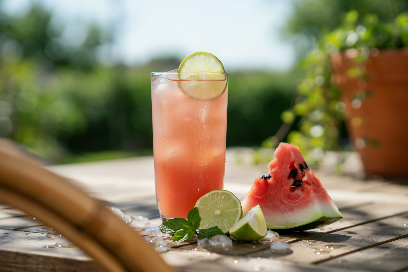 Frozen watermelon limeade smoothie in a glass with lime and mint garnish