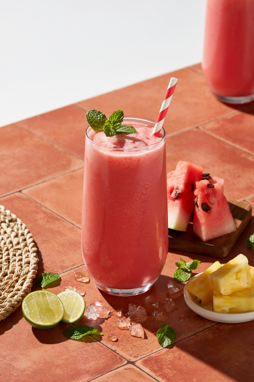 Frozen watermelon pineapple smoothie in a glass with lime and mint garnish